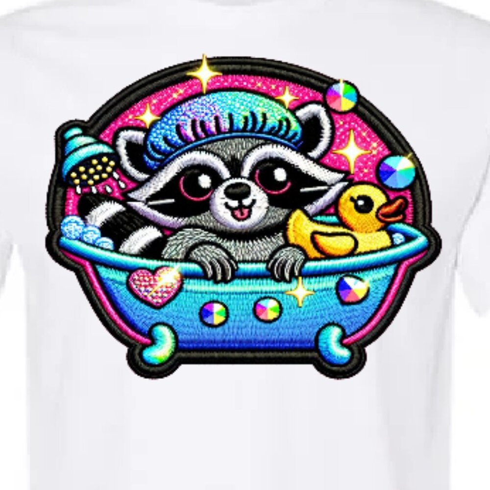 Summer Vibes Raccoon in a Bathtub with a rubber ducky graphic tee